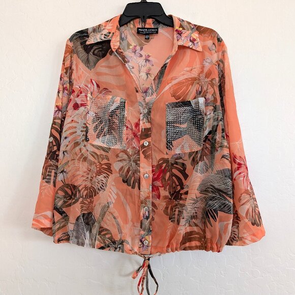 FRANK LYMAN Blouse L Multicolor Floral Sheer Embellished Roll Tab Sleeve Tie - Picture 2 of 14